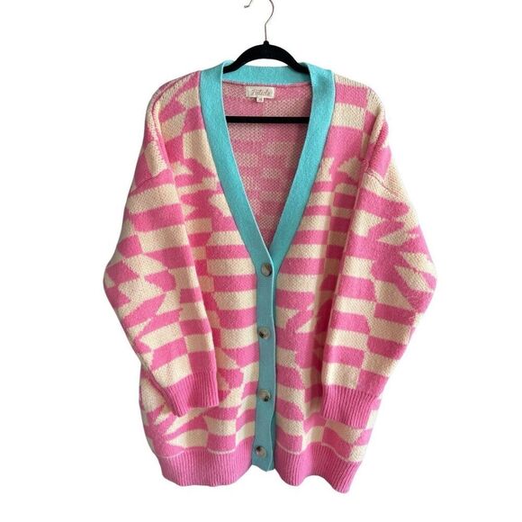 Listicle Womens Pink Blue Geometric Retro Button Front Oversized Cardigan Medium - Picture 4 of 8
